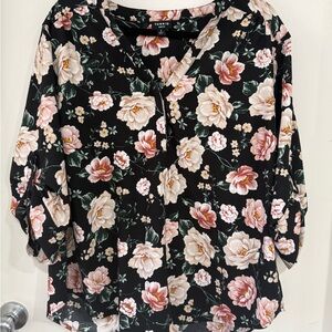 Torrid Black and Pink Floral Harper roll tab Blouse Size 2